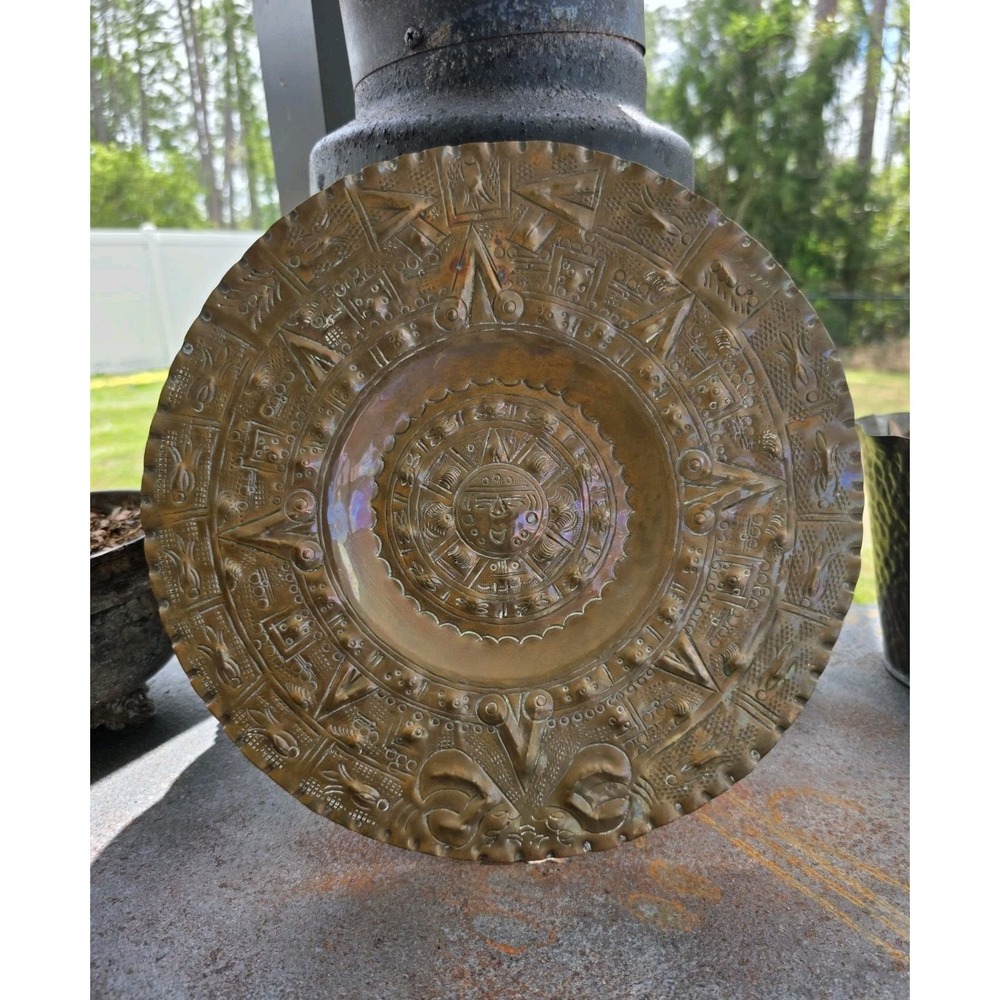 Vintage Brass Wall Plate 12" Sun Face Aztec Style Boho Middle Eastern Decor